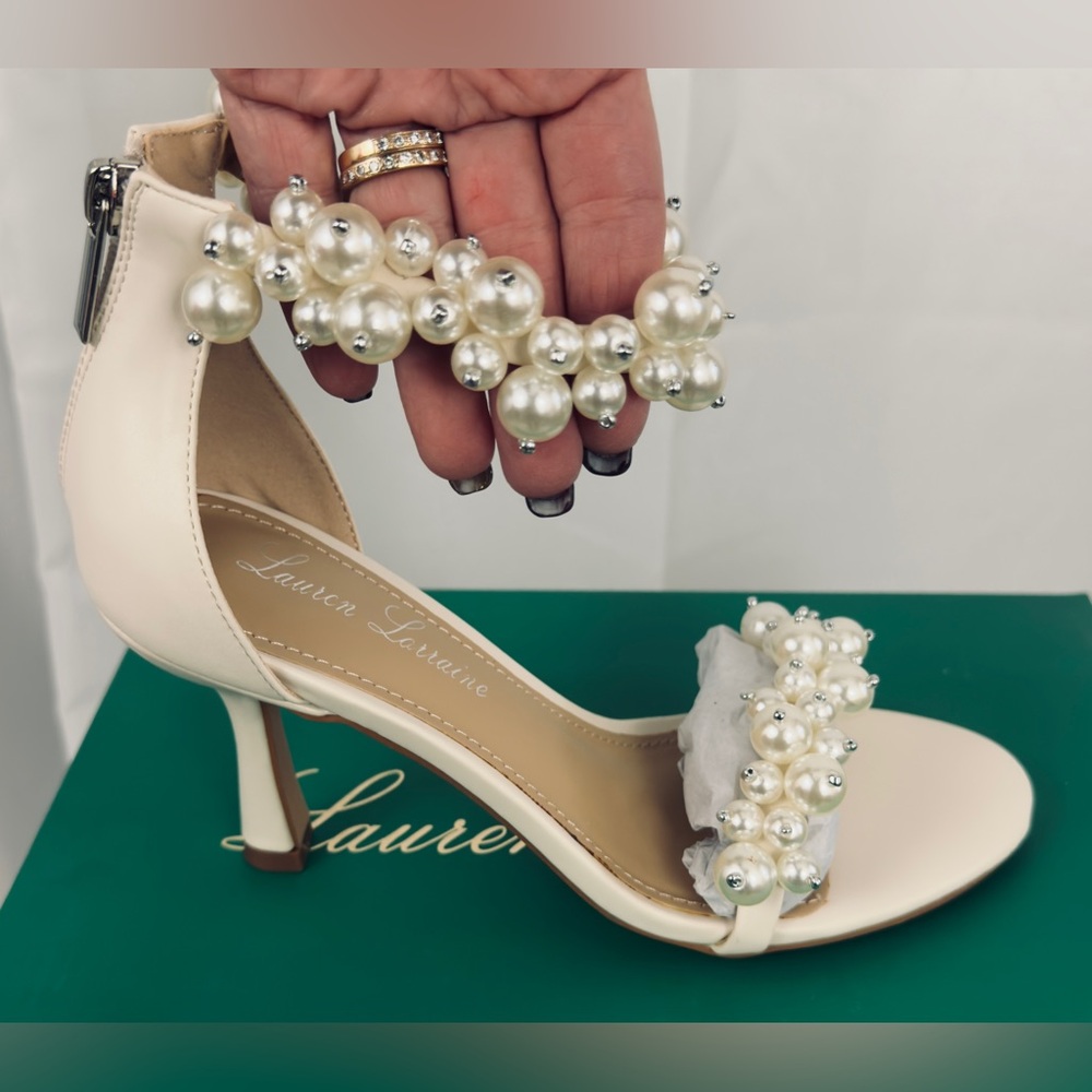 LAUREN LORRAINE FIESTA PEARL EMBELLISHED ANKLE WRAP DRESS HEELS US. 7 & 8    NWT - Picture 4 of 14